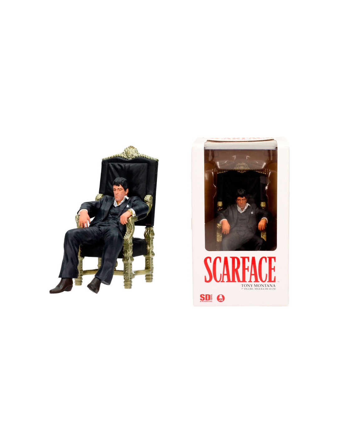Figura Coleccionable Tony Montana De Scarface – 18 Cm, Pose Sentado En Silla, Merchandising Oficial En Caja Con Ventana