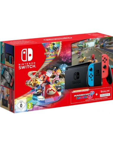 Pack Consola Nintendo Switch Azul Neón/Rojo Neón+Mario Kart 8 Deluxe (Codigo de Descarga)+3 Meses Nintendo Shop Online Videoconsolas